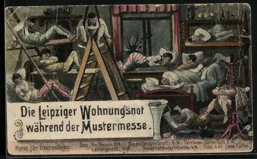 AK Die Leipziger Wohnungsnot während der Mustermesse, Humor