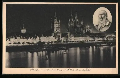 AK Köln, 14. Deutsches Turnfest 1928, Rheinfront & Dombeleuchtung, Portrait Turnvater Jahn
