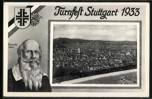 AK Stuttgart, Portrait des Turnvaters Jahn, Wappen, Karte anlässlich des Turnfestes 1933, Gesamtansicht