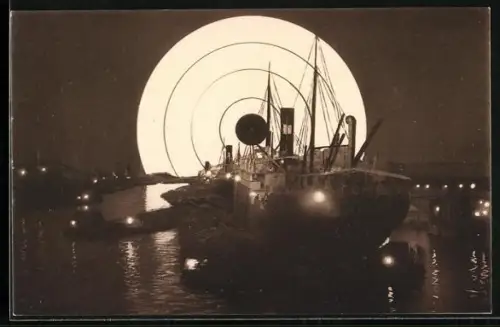 AK Hamburg, 16. Deutsches Bundesschiessen, Hafenpartie mit Dampfer und Zielscheibe bei Nacht
