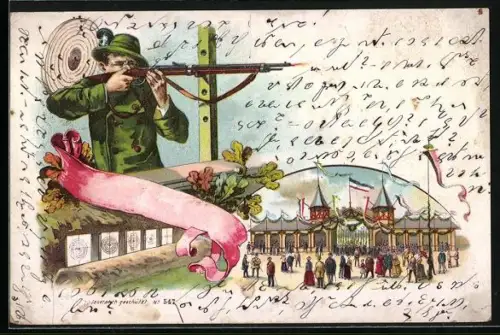 Lithographie Reichenau, Schützenfest, Eingang, Schütze mit Gewehr