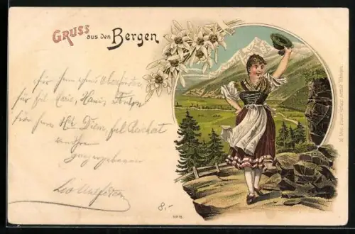 AK Frau in Tracht mit Hut in den Bergen