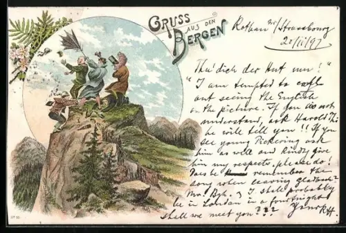 AK Gruss aus den Bergen, Bergsteiger fliegt der Hut weg