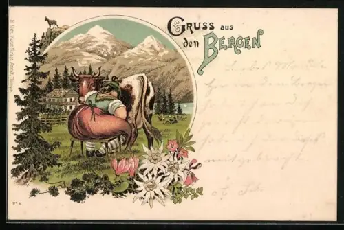 Lithographie Sennerin melkt die Kuh auf der Alm