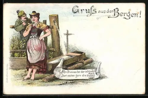AK Gruss aus den Bergen!, Mann und Frau in Tracht am Brunnen