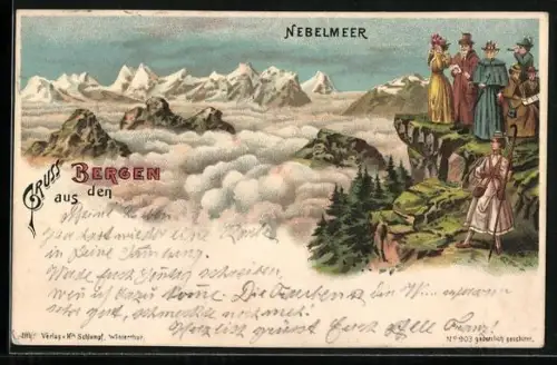 Lithographie Gruss aus den Bergen, Bergsteiger blicken auf das Nebelmeer