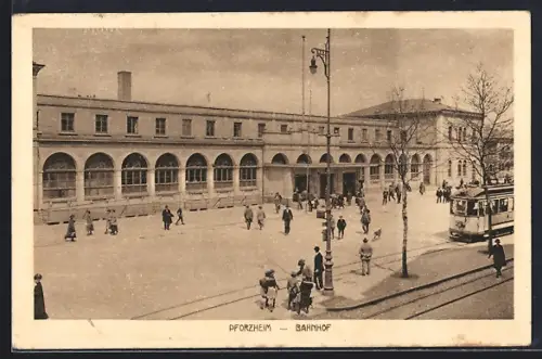 AK Pforzheim, Bahnhof und Strassenbahn