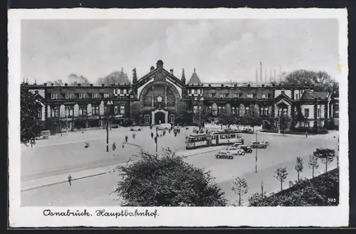 AK Osnabrück, Hauptbahnhof und Strassenpartie mit Strassenbahn