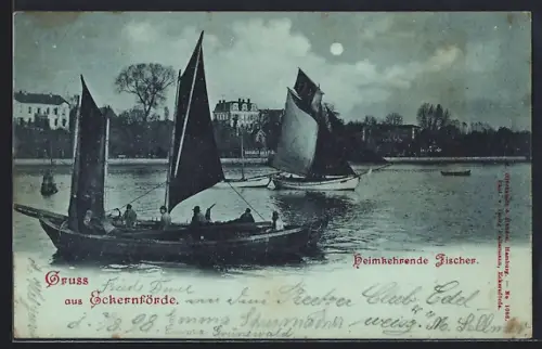 Mondschein-AK Eckernförde, Heimkehrende Fischer
