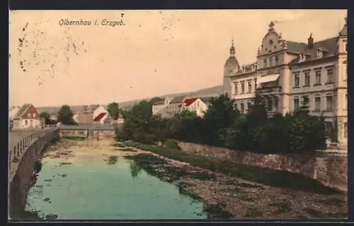 AK Olbernhau i. Erzgeb., Uferpartie mit Brücke