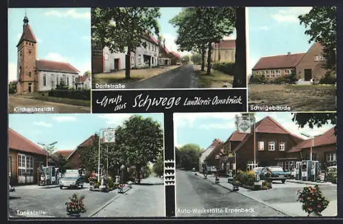 AK Glandorf-Schwege, Kirchenansicht, Aral-Tankstelle, Auto-Werkstätte Erpenbeck