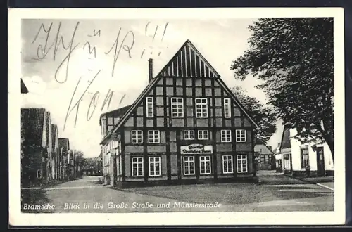 AK Bramsche, Grosse Strasse und Münsterstrasse mit Gasthof Deutsches Haus