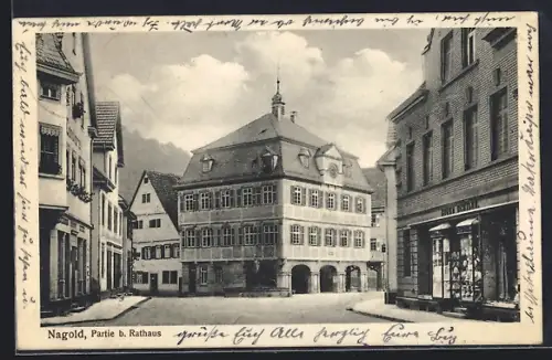AK Nagold, Strassenpartie beim Rathaus mit Geschäft Bogen Schiler