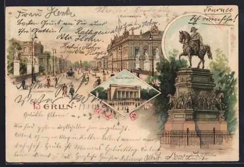 Lithographie Berlin, Schlossbrücke, Denkmal Friedr. d. Grossen, Ruhmeshalle, Neue Wache