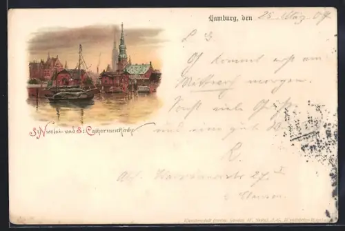 Lithographie Hamburg, St. Nicolai- und St. Catharinenkirche