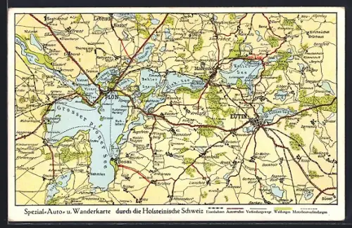 AK Plön, Spezial-Auto u. Wanderkarte durch die Holsteinische Schweiz