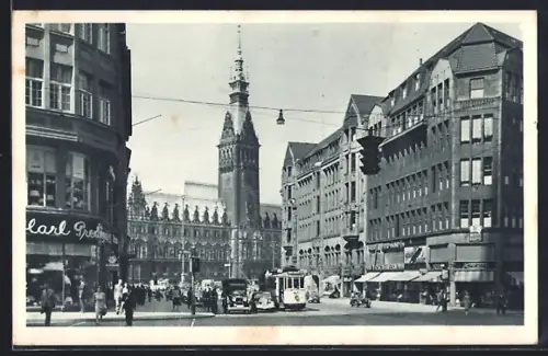 AK Hamburg, Mönckebergstrasse mit Geschäften, Rathaus und Strassenbahn