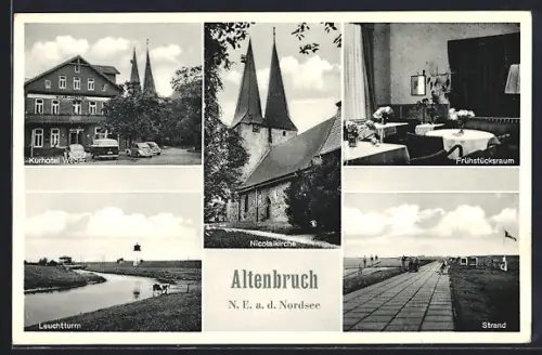 AK Altenbruch N. E. a. d. Nordsee, Kurhotel Weber, Inneres Frühstücksraum, Nicolaikirche