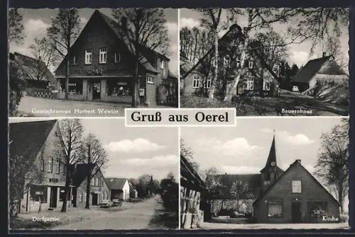 AK Oerel, Gemischtwaren Herbert Wewior, Dorfpartie, Kirche, Bauernhaus