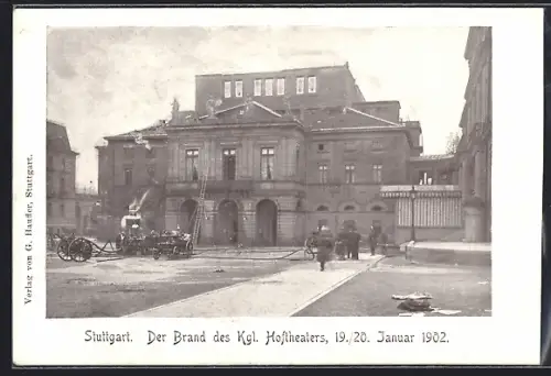 AK Stuttgart, Brand des Kgl. Hoftheaters 19.-20. Januar 1902, Feuerwehr mit Einsatzwagen
