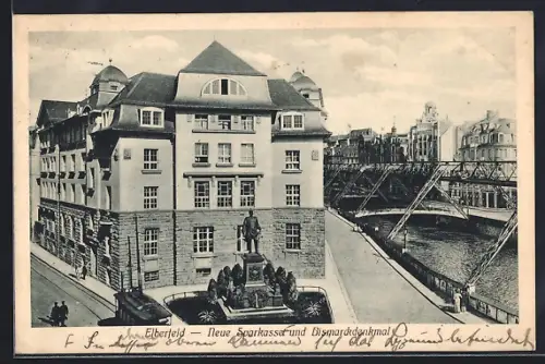 AK Elberfeld, Neue Sparkasse und Bismarckdenkmal mit Strassenbahn