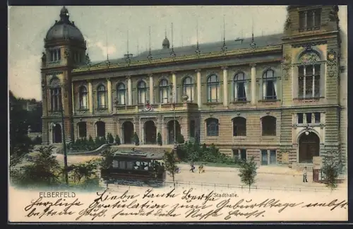 AK Elberfeld, Stadthalle mit Strassenbahn