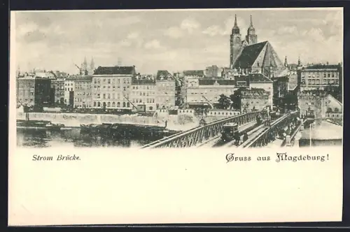 AK Magdeburg, Strom-Brücke, Im Hintergrund Kirche