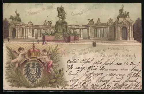 Lithographie Berlin, 100. Geburtstag Kaiser Wilhelm I. 1897, National-Denkmal Kaiser Wilhelm I.