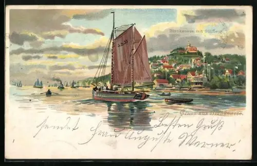 Lithographie Hamburg-Blankenese, Blick zum Süllberg
