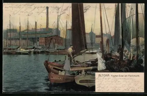 Lithographie Hamburg-Altona, Fischer-Ewer am Fischmarkt