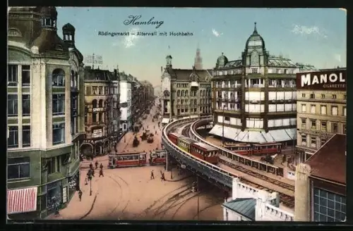 AK Hamburg, Rödingsmarkt, Alterwall mit Hochbahn