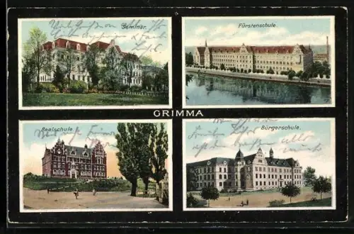 Lithographie Grimma, Seminar, Fürstenschule, Realschule, Bürgerschule