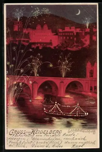 Mondschein-Lithographie Heidelberg, Schlossbeleuchtung mit Feuerwerk