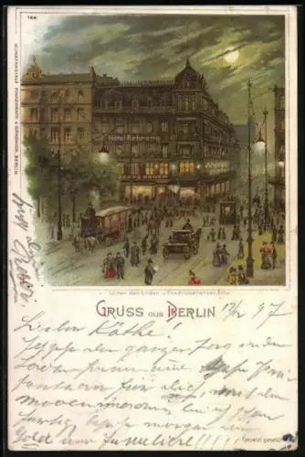 Mondschein-Lithographie Berlin, Unter den Linden, Strassenbahn