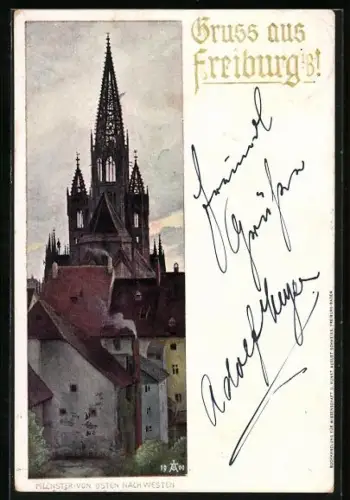 Lithographie Freiburg i. B., Münster von Osten nach Westen