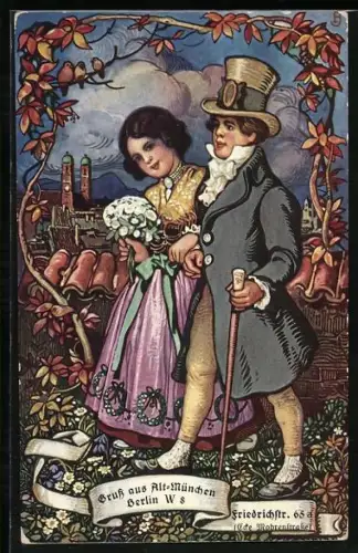 Lithographie Berlin, Alt-München in der Friedrichstrasse 63, Paar in Trachten
