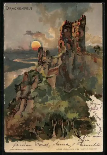 Lithographie Drachenfels, Burgruine Drachenfels bei Sonnenuntergang