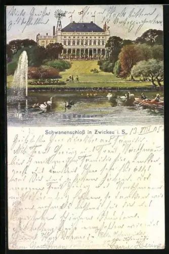 Lithographie Zwickau i. S., Schwanenschloss mit Teich