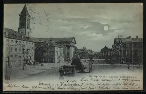 Mondschein-AK Karlsruhe, Marktplatz, Rathaus, Stadtkirche