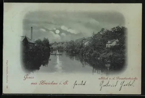 Mondschein-AK Zwickau i. S., Blick von der Paradiesbrücke