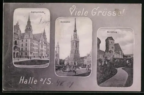 AK Halle a. S., Justizgebäude, Marktplatz, Moritzburg