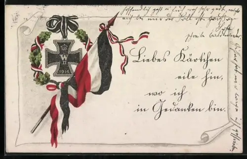 Künstler-AK Eisernes Kreuz im Eichenlaub-Kranz mit Flagge
