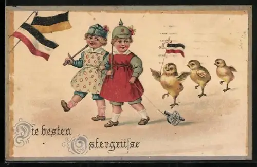 Künstler-AK Zwei Kinder mit Helm und Pickelhaube führen eine Reihe Osterküken