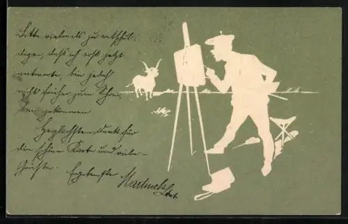 Präge-AK Maler mit seiner Staffelei auf einer Wiese