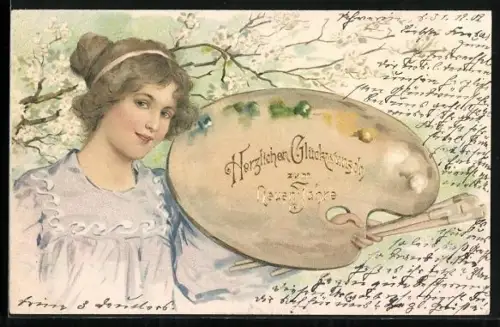 Lithographie Dame hält eine grosse Palette und Pinsel in der Hand, Herzlichen Glückwunsch zum Neuen Jahre