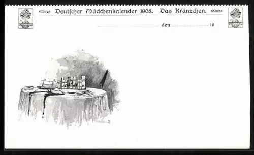 Künstler-AK Verschüttete Tinte auf einem Tisch, Deutscher Mädchenkalender 1908