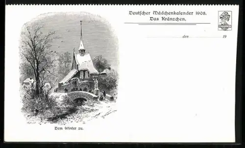Künstler-AK Kirche im Schnee, Deutscher Mädchenkalender 1908