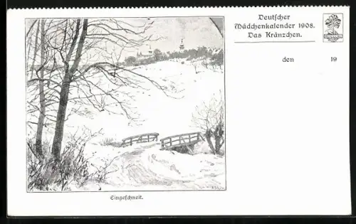 Künstler-AK Verschneite Landschaft, Deutscher Mädchenkalender 1908