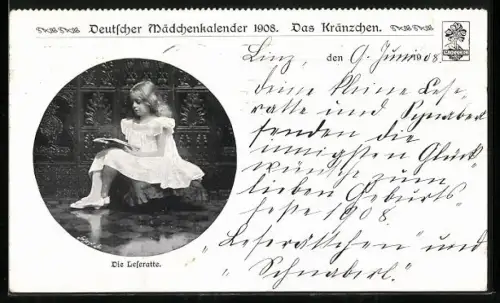 AK Mädchen liest ein Buch, Die Leseratte, Deutscher Mädchenkalender 1908