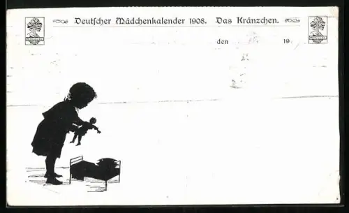 Künstler-AK Mädchen bringt ihre Puppe ins Bett, Deutscher Mädchenkalender 1908